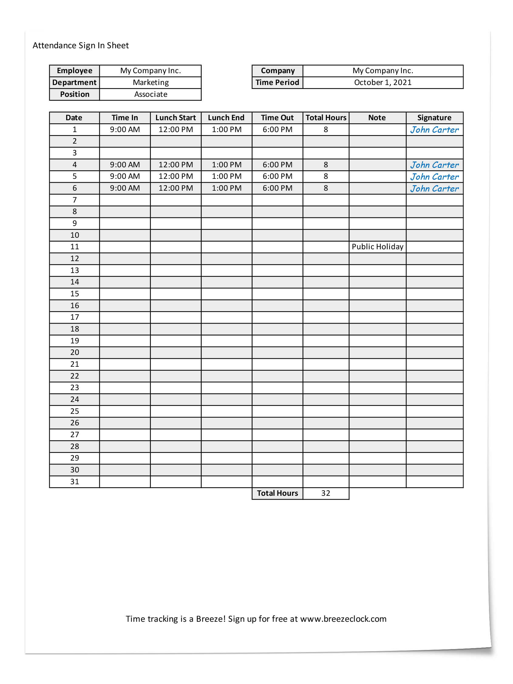 Free Attendance Sheet Template - Breeze Clock